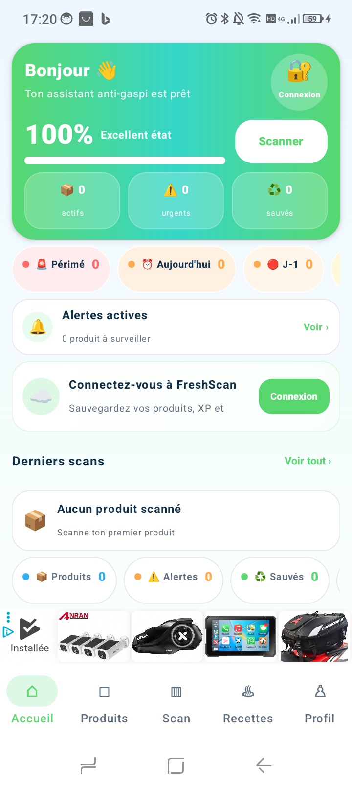 Tableau de bord principal de FreshScan