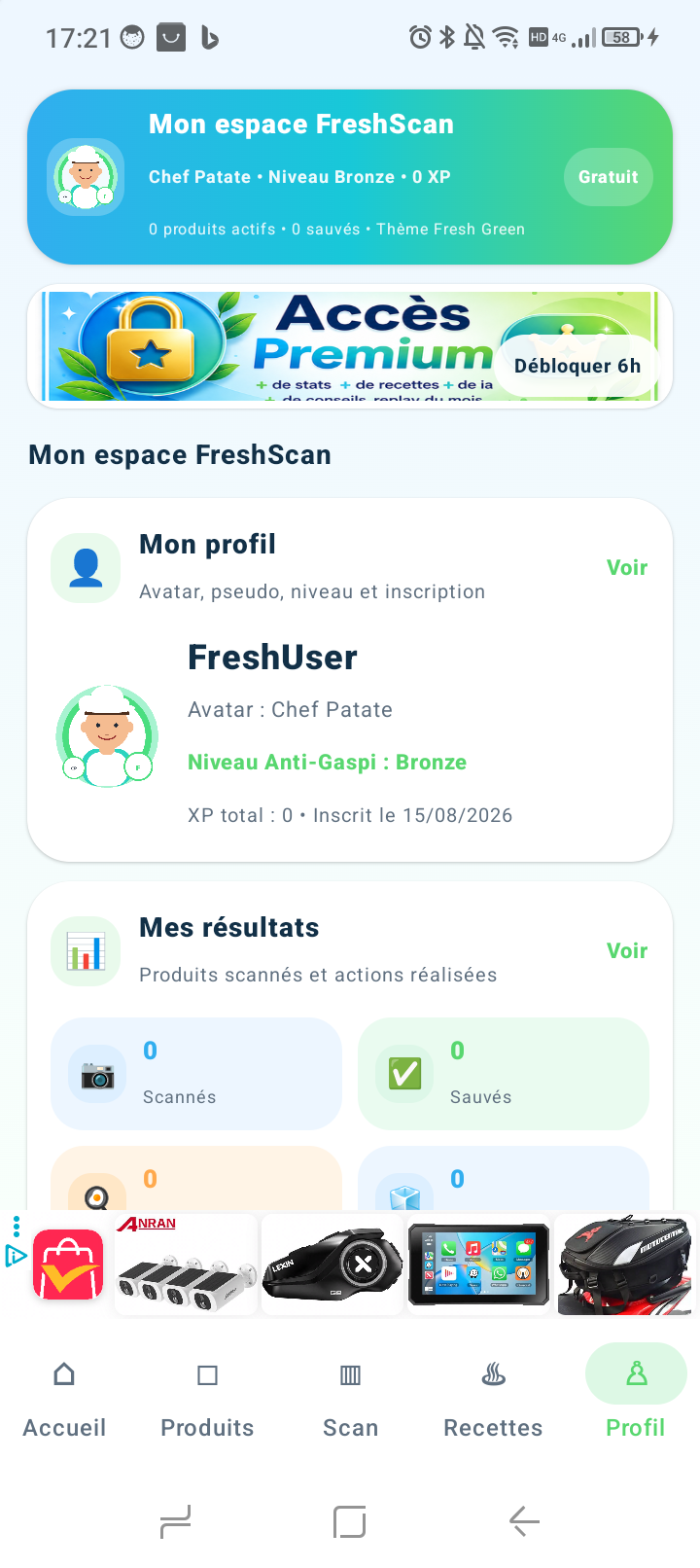 Avatar pseudo et niveau du profil FreshScan