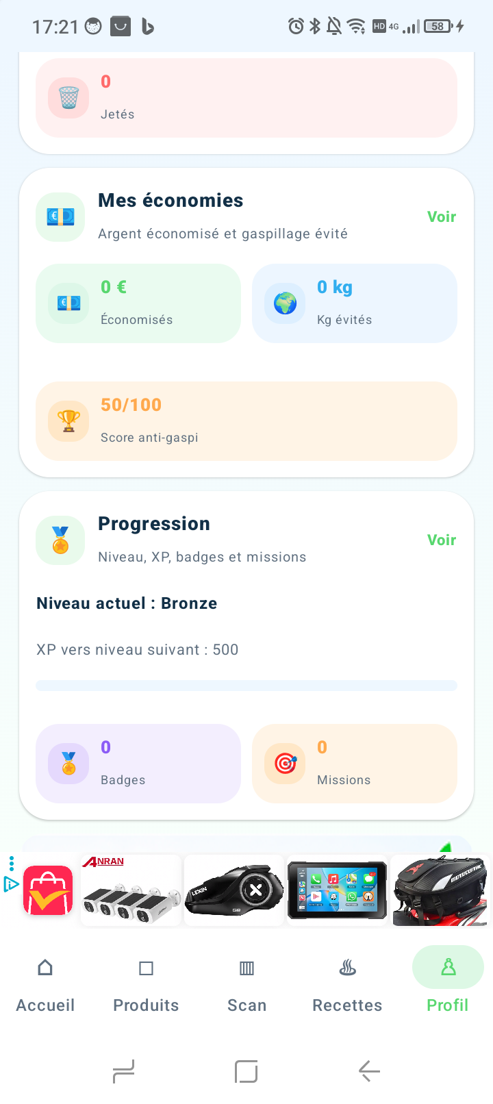 Économies et progression du profil FreshScan
