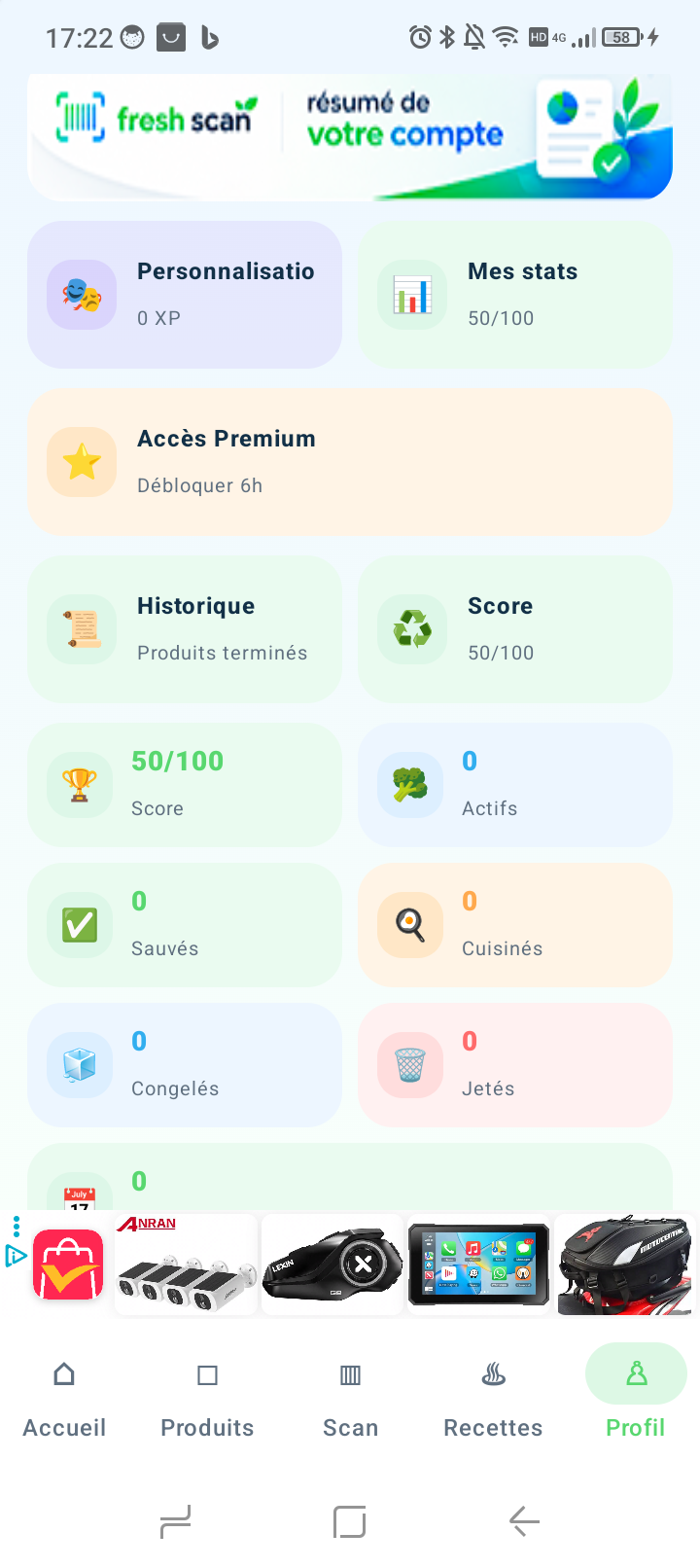 Statistiques et accès Premium du profil FreshScan