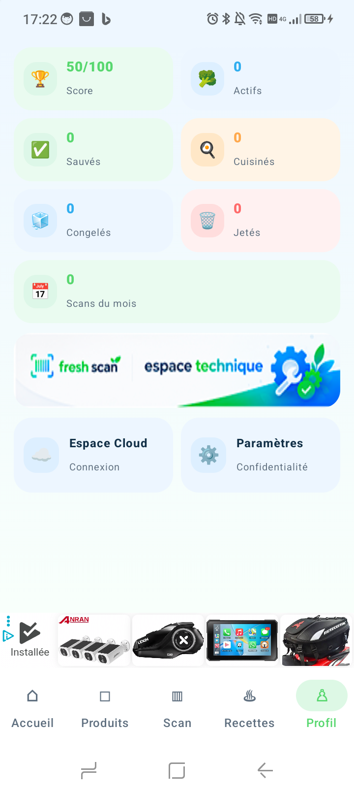 Espace technique et paramètres FreshScan