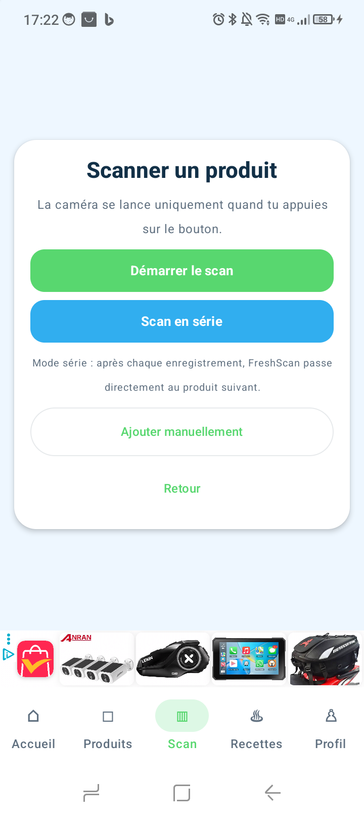 Écran Scanner un produit dans FreshScan