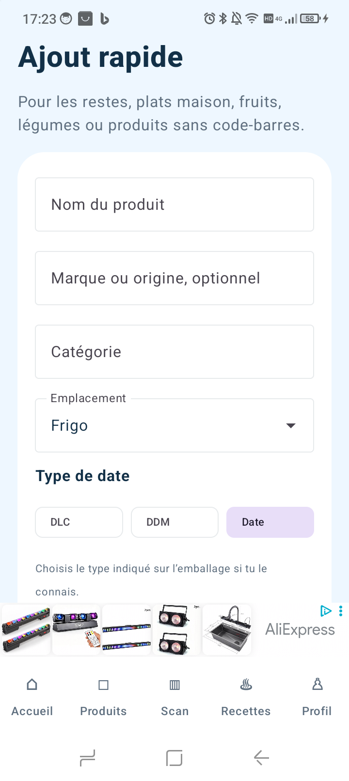 Formulaire d’ajout manuel d’un produit FreshScan