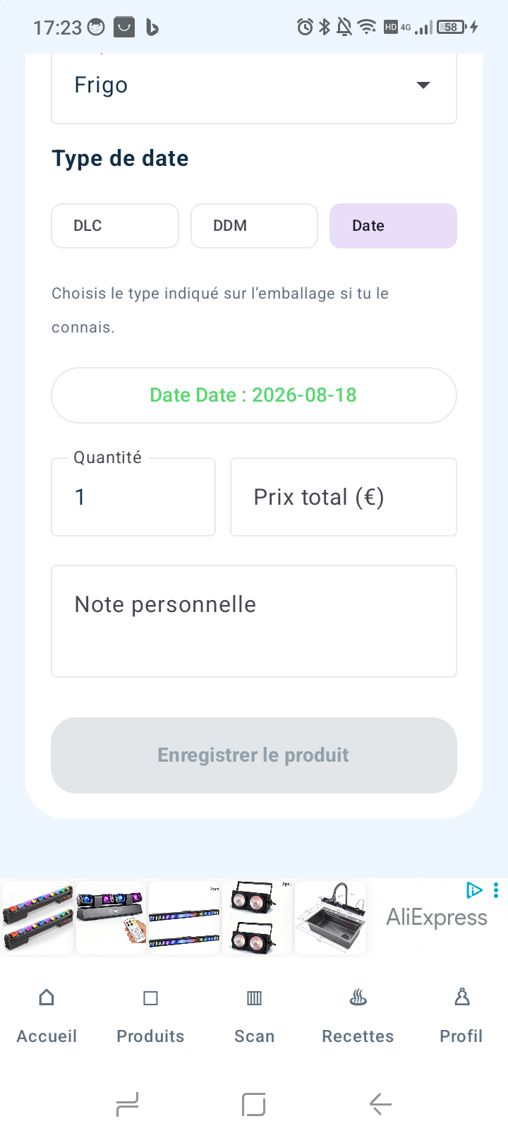 Choix de la date, quantité et prix dans FreshScan