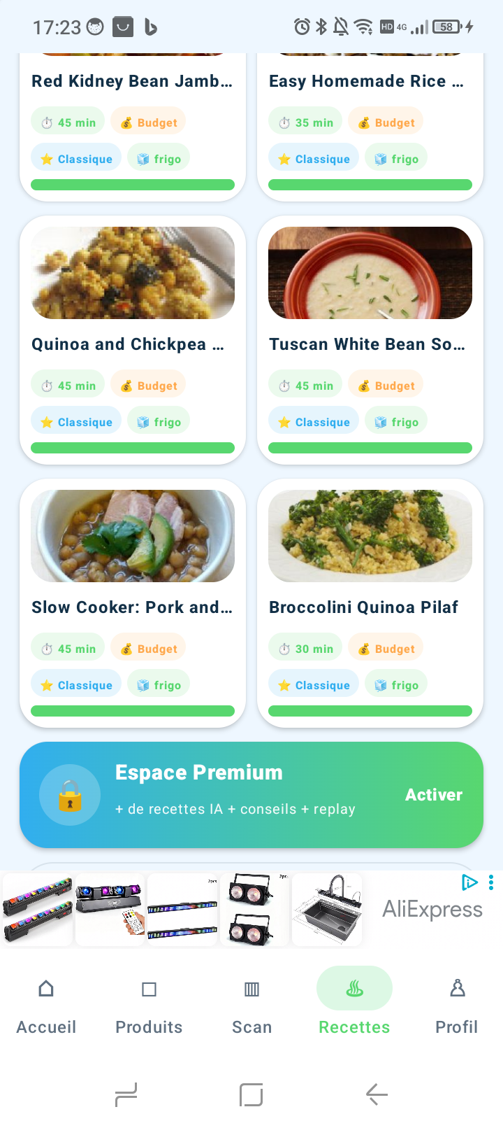 Liste des recettes proposées par FreshScan