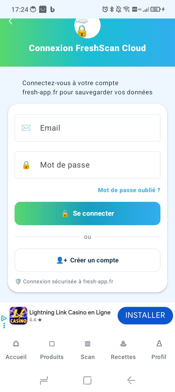 Écran de connexion et de création de compte FreshScan Cloud