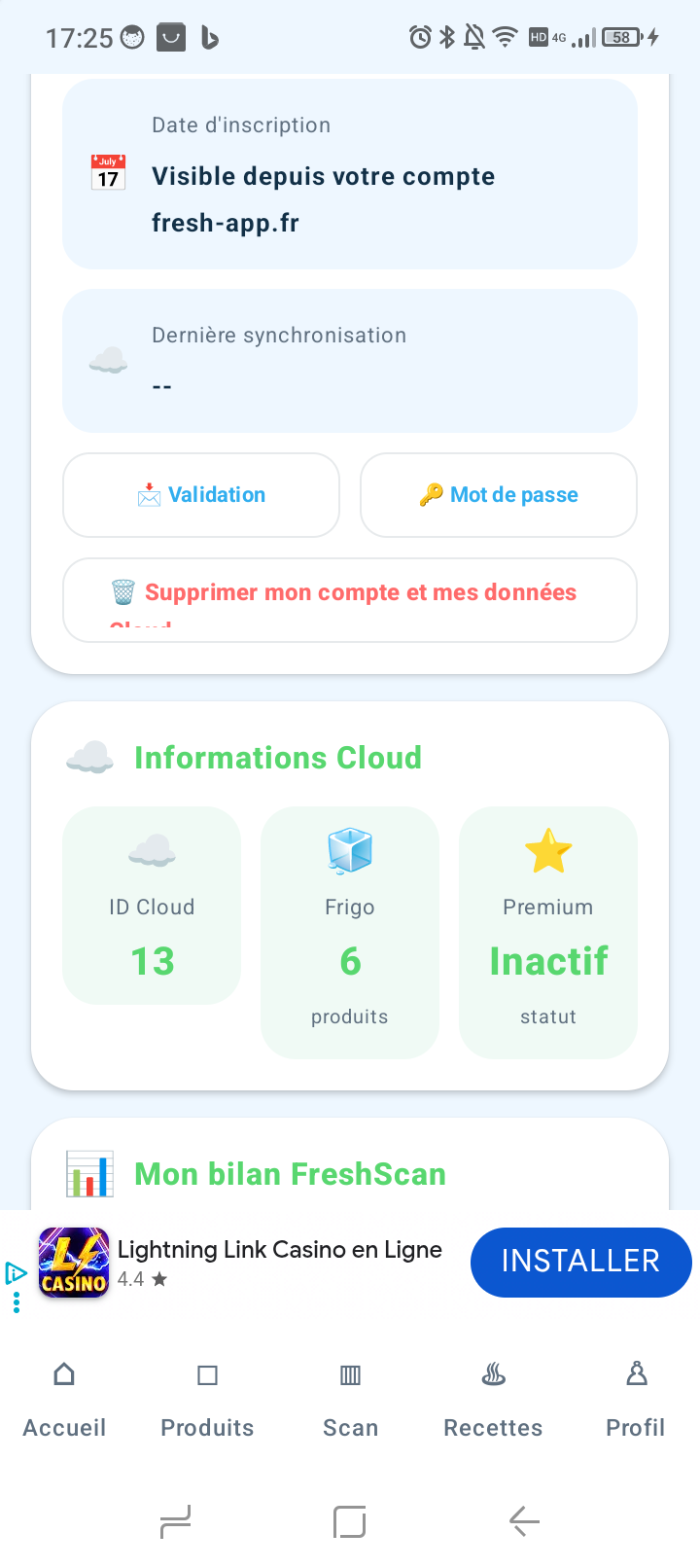 Informations du compte FreshScan Cloud
